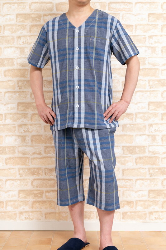 送料無料 綿100 薄くて涼しい先染めシワ加工生地パジャマ メンズ夏 半袖かぶりハーフパの通販はau Pay マーケット 部屋着の時間