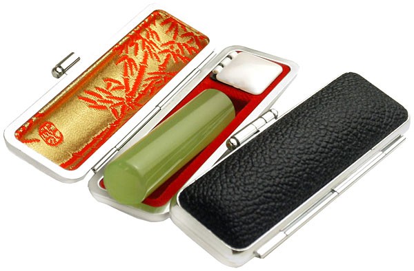 印鑑 はんこセット 瑪瑙 黄緑メノウ 16.5mm実印 黒色 牛革もみ 印鑑ケース付きの通販は