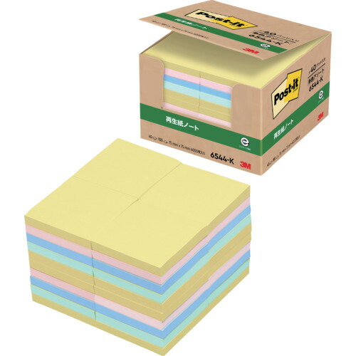 スリーエム ジャパン　3M　ポスト・イット　７５Ｘ７５ｍｍ　１００枚Ｘ４０パッド　４色混色（４０冊入）　【品番：6544-K】