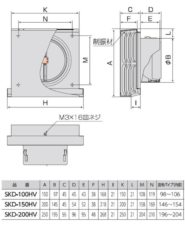 バクマ工業　角型超スリムフード付換気口（排気用） 防火ダンパー付 SKD-HVタイプ アミ付150φ　【品番：SKD-150HV-A10-SL-120℃】_3