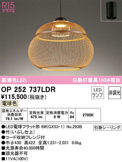 オーデリック OP252337LR LEDペンダントライト 白熱灯器具60W相当 電球色 非調光 照明器具 天井照明 吊下げ オーデリック[OP252337LR]ペンダントライト ODELIC オーデリック