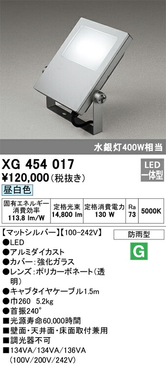 オーデリック　エクステリア スクエアライト 水銀灯 400W 拡散配光 昼白色　マットシルバー　【品番：XG 454 017】_1
