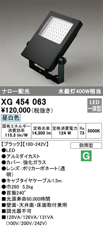 オーデリック　エクステリア スクエアライト 水銀灯 400W ナロー配光 昼白色　ブラック　【品番：XG 454 063】_1