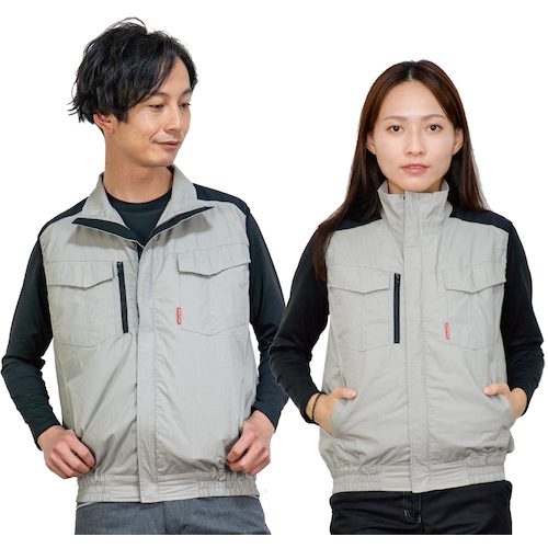 岡潮　空調ベスト（ウェアのみ）日本製生地使用　２０２２５　ライトグレー×ブラックＬ　【品番：20225N-L】