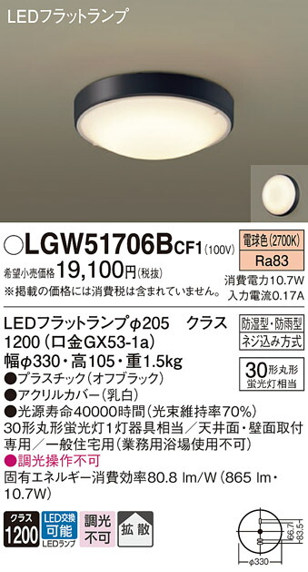 パナソニック　天井直付型・壁直付型 LED（電球色） シーリングライト 拡散タイプ LEDフラットランプ交換型・防湿型・防雨型　【品番：LGW51706BCF1】_1