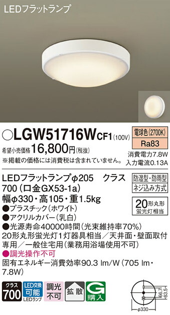 パナソニック　天井直付型・壁直付型 LED（電球色） シーリングライト 拡散タイプ LEDフラットランプ交換型・防湿型・防雨型　【品番：LGW51716WCF1】_1