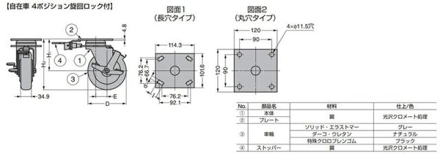 スガツネ工業　DARCOR　重量用キャスター 70シリーズ プレートタイプ 自在車 4ポジション旋回ロック付　【品番：SUG-31-76F-PSE】