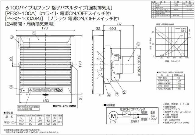 高須産業 ダクトレス24時間換気システム φ100 パイプ用ファン 格子