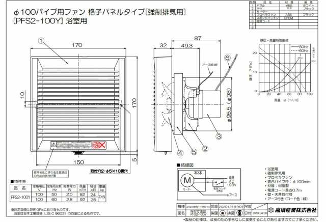 高須産業 24時間換気／局所換気兼用 φ100パイプ用ファン 強制排気用