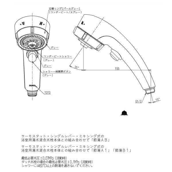 TOTO シャワーヘッド（ワンダービートクリック、めっき） ○