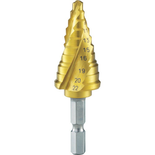 トラスコ中山（TRUSCO）　六角軸ステップドリル 3枚刃チタンコーティング 5〜22mm　【品番：3S-NMS-22G】