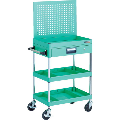 トラスコ中山（TRUSCO）　TRUSCO　ツールワゴン　フェニックスワゴン　省音　６００Ｘ４００　仕切２段付　引出付　上部パンチングパネル仕様　ヤンググリーン　【品番：PEW-P963ZS2-YG】