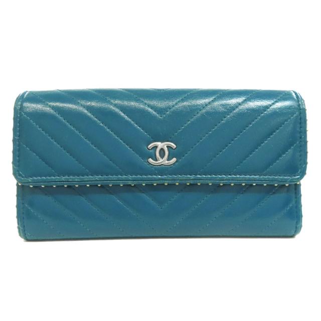 シャネル CHANEL 二つ折り 長財布 ココマーク ブルー 水色 ココボタン 