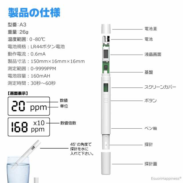 Tdsメーター 不純物濃度測定器 デジタル 水質管理 水質測定 ペン型 飲料水 アクアリウムの通販はau Pay マーケット Esuonhappiness