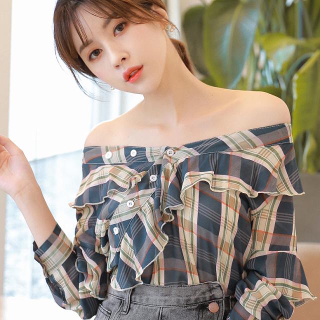 シャツ ブラウス シフォン オフショルダー 長袖 フリル 体型カバー 透ける チェック柄 シースルー 大人可愛い フェミニン この通販はau Pay マーケット つらら商店