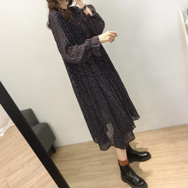 シフォンワンピース シフォン ロング丈 ひざ下丈 ラウンドネック 