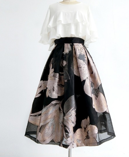 ハイウェストスカート フレアスカート ミモレ丈 花柄 黒 Aライン 春 夏 秋 仕事 大きいサイズ 可愛い シンプル 人気 10代 20代 30代 お出かけ デート 上品 きれいめ 清楚 クール 大人女子 OL オフィス トレンドの通販は