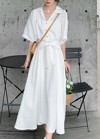 シャツワンピース ロングワンピース 細見え 春夏 普段使い お出かけ デート リゾート 白 ブルー パープル シフォン Vネック 襟付き 大きめ 無地 ボタン ウェストリボン 大人 清楚 可愛い 上品 シンプル ゆったり Aライン 五分袖 マキシ丈 人気 トレンド 10代 20代 30代の通販は 5,980円