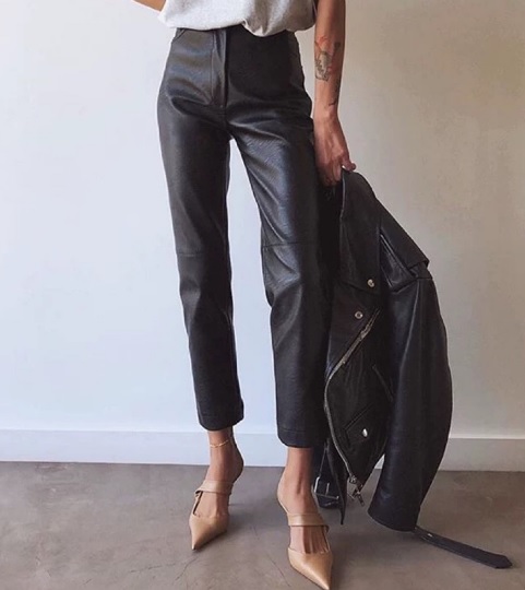 レザーパンツ ハイウエストパンツ 美脚 細見え 黒 無地 ゆったり 九分丈 ロング丈 秋冬 仕事 おしゃれ  楽 かっこいい クール 10代 20代 30代 お出かけ デート 着まわし 大人女子 OL オフィス シンプル トレンド 人気の通販は 4,932円