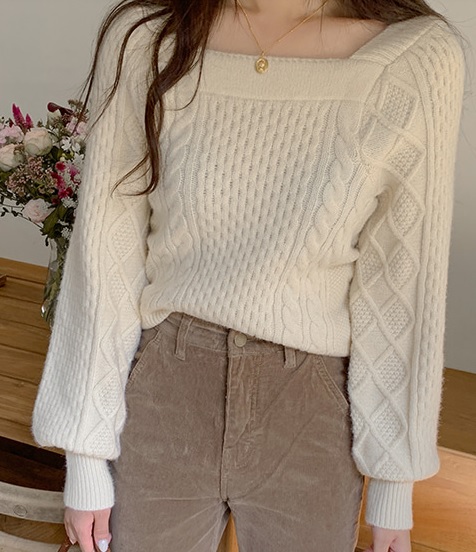 トップス セーター カジュアル シンプル アプリコット ブラウン ニット 無地 スクエアネック 長袖 秋冬 ゆったり 大人可愛い キュート 10代 20代 30代 お出かけ デート 着まわし トレンド