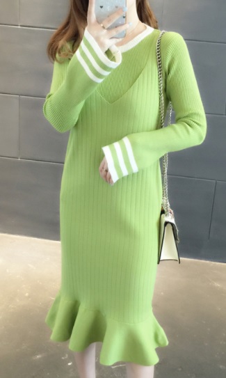 マーメイドワンピース Aライン 大きいサイズ ゆったり ミモレ丈 膝下 長袖 秋冬 お出かけ 黒 グリーン ベージュ ピンク ニット ライン ラウンドネック 大人可愛い カジュアル シンプル 上品 キュート デート トレンド 10代 20代 30代の通販は 5,561円