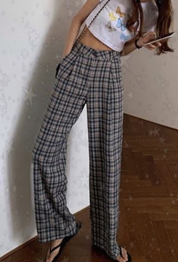 ハイウエストパンツ 美脚 細見え グレー チェック柄 ゆったり ロング丈 夏 仕事 大きめ おしゃれ  楽 かっこいい 10代 20代 30代 お出かけ デート 着まわし 大人女子 カジュアル OL オフィス シンプル トレンド 人気