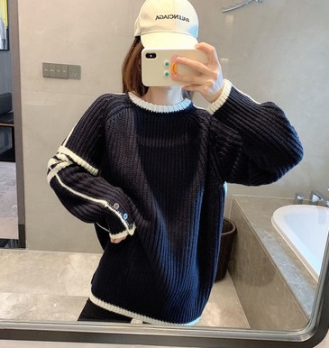 トップス セーター おしゃれ カジュアル シンプル ゆったり グレー ネイビー ニット ウール ライン 長め ラウンドネック 長袖 秋冬 大人可愛い 10代 20代 30代 お出かけ デート 着まわし トレンド 人気