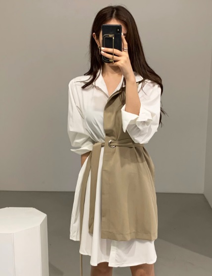 シャツワンピース 襟付き Vネック ひざ丈 長袖 ゆったり ウエストベルト 大人可愛い 秋冬 トレンド 黒 白 バイカラー 10代 代 30代 おの通販はau Pay マーケット つらら商店