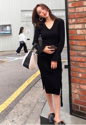 ニットワンピース タイトワンピース ミモレ丈 長袖 ゆったり スリット リボン 大人可愛い 秋冬 トレンド 黒 ベージュ アプリコット ブラの通販はau Pay マーケット つらら商店