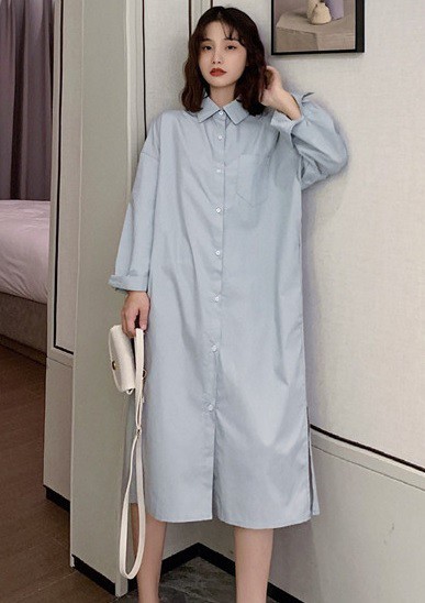 シャツワンピース 襟付き ミモレ丈 長袖 ゆったり Aライン スリット 大人可愛い 春夏 無地 トレンド 白 ブルー 10代 20代 30代 お出かけ  ｜au PAY マーケット