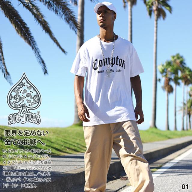 【50%OFF】ACE FLAG 上下セット 半袖 Tシャツ チノパン ロングパンツ セットアップ メンズ 春夏用 白/黒 大きいサイズ エースフラッグ おしゃれ Compton コンプトン ビッグシルエット b系 ストリート系 ハイ AF-SE-TS-108