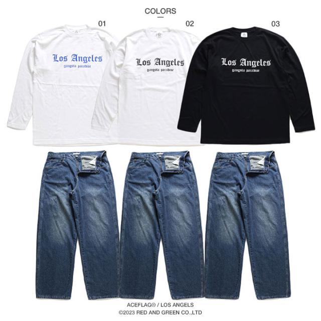 ACE FLAG 上下セット 長袖 ブランド Tシャツ ロンT デニム ロングパンツ メンズ 全3種 大きいサイズ エースフラッグ セットアップ ロサンゼルス LA ビッグシルエット b系 ヒップホップ ファッション ダンス ストリート系 ハイ 新作 AF-SE-LT-029 ACE FLAG 上下セット 長袖 ブランド Tシャツ ロンT デニム ロング