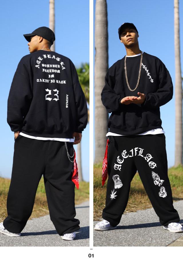 ACE FLAG 上下セット 長袖 ブランド メンズ 春秋冬用 黒/白 大きい