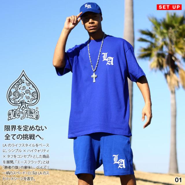 ACE FLAG 上下セット 半袖 ブランド Tシャツ ハーフパンツ 上下 メンズ 青/白/黒 大きいサイズ エースフラッグ セットアップ ワンポイント LA エルエー ロサンゼルス b系 ストリート系 ハイ 新作 AF-SE-TS-123の通販は
