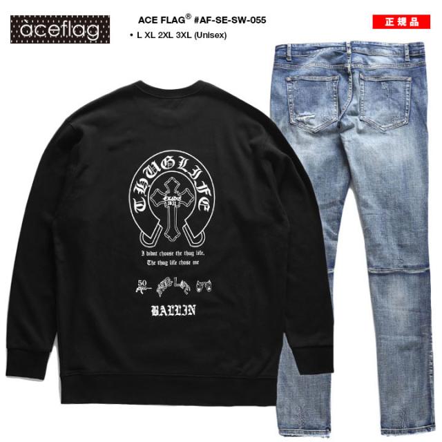 ACE FLAG 上下セット 長袖 ブランド メンズ 黒 大きいサイズ エースフラッグ セットアップ トレーナー 上下 ジーンズ デニム スリム 馬蹄 Thug Life サグライフ ローライダー b系 ヒップホップ ファッション ストリート系 ハイ 新作 AF-SE-SW-055_2