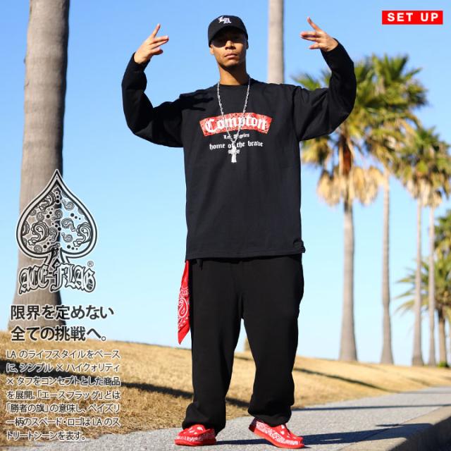 ACE FLAG 上下セット 長袖 ブランド メンズ 春秋冬用 黒 大きいサイズ エースフラッグ セットアップ ロンT Compton コンプトン LA ビッグシルエット ペイズリー柄 バンダナ柄 赤いバンダナ b系 ヒップホップ ストリート系 ハイ 新作 AF-SE-LT-104