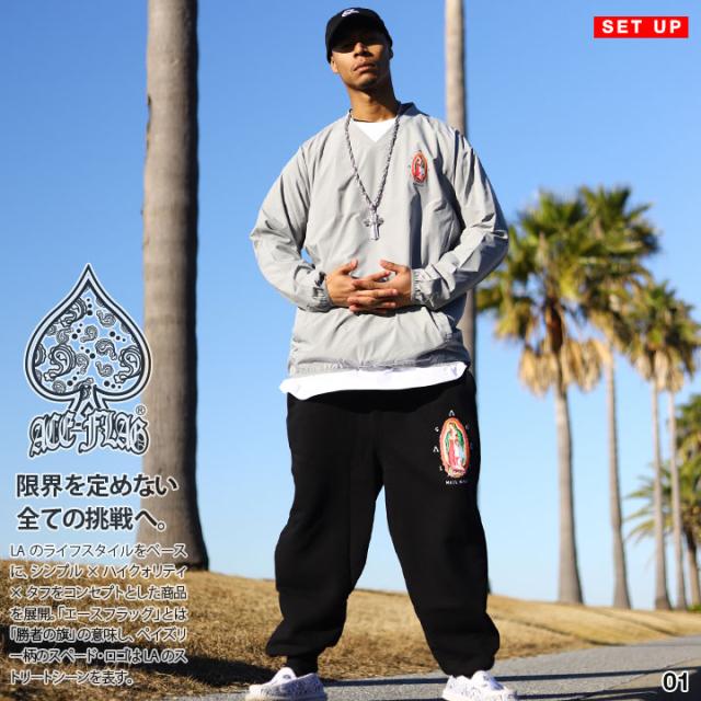 ACE FLAG 上下セット 長袖 メンズ グレー/黒 大きいサイズ エースフラッグ セットアップ ブルゾン ピステ ナイロン アウター 上下 マリア 聖母マリア ロゴ ビッグシルエット b系 ヒップホップ ファッション ストリート系 AF-SE-OU-002