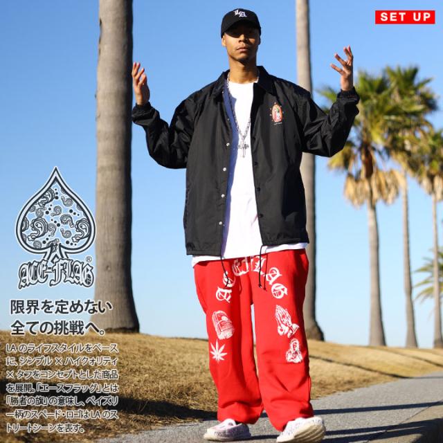ACE FLAG 上下セット 長袖 メンズ 黒 大きいサイズ エースフラッグ セットアップ ブルゾン アウター マリア 大麻 マリファナ ヘンプ ロゴ コーチジャケット ドル柄 b系 ヒップホップ ファッション ストリート系 ハイ ブランド 新作 AF-SE-OU-004