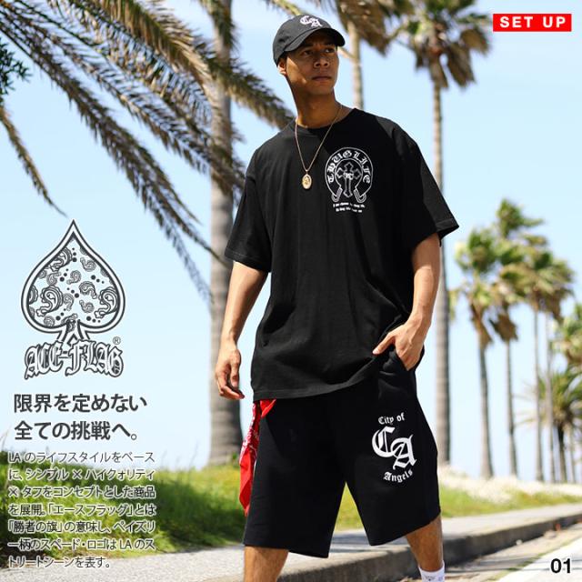 ACE FLAG 上下セット 半袖 ブランド Tシャツ ハーフパンツ メンズ 春夏用 全4色 大きいサイズ エースフラッグ セットアップ 裏パイル 2Pac 馬蹄 十字架 THUG LIFE サグライフ ビッグシルエット b系 ヒップホップ ストリート系 ハイ 新作 AF-SE-TS-147