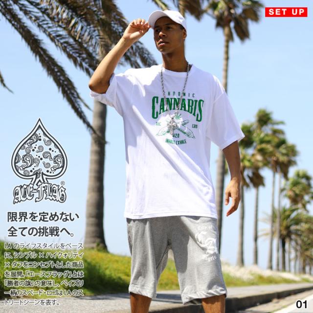 ACE FLAG 上下セット 半袖 ブランド Tシャツ ハーフパンツ メンズ 春夏用 全3色 大きいサイズ エースフラッグ セットアップ バッズ 大麻 マリファナ ヘンプ ビッグシルエット b系 ヒップホップ ファッション ストリート系 ハイ 新作 AF-SE-TS-150