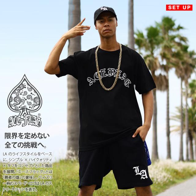 ACE FLAG 上下セット 半袖 ブランド Tシャツ ハーフパンツ メンズ 春夏用 黒 大きいサイズ エースフラッグ セットアップ オールド文字 オーバーサイズ ビッグシルエット b系 ヒップホップ ファッション ダンス ストリート系 ハイ 新作 AF-SE-TS-169