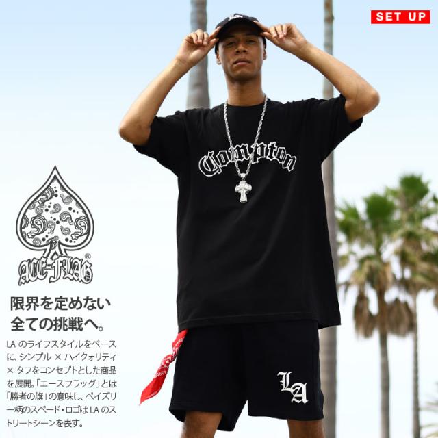 ACE FLAG 上下セット 半袖 ブランド Tシャツ ハーフパンツ メンズ 春夏用 黒 大きいサイズ エースフラッグ セットアップ シンプル Compton コンプトン オーバーサイズ ビッグシルエット b系 ヒップホップ ファッション ダンス ストリート系 ハイ 新作 AF-SE-TS-174
