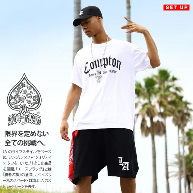 ACE FLAG 上下セット 半袖 ブランド Tシャツ ハーフパンツ メンズ 春夏用 白 大きいサイズ エースフラッグ セットアップ シンプル Compton コンプトン ビッグシルエット b系 ヒップホップ ファッション ダンス ストリート系 ハイ 新作 AF-SE-TS-175