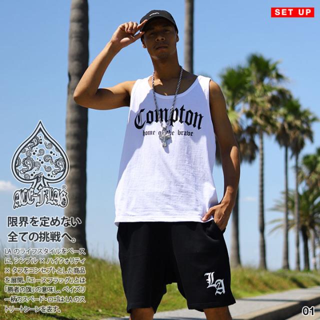 ACE FLAG 上下セット ブランド ノースリーブ Tシャツ タンクトップ ハーフパンツ メンズ 春夏用 白 黒 大きいサイズ エースフラッグ セットアップ 裏パイル シンプル Compton コンプトン ビッグシルエット b系 ヒップホップ ストリート系 ハイ 新作 AF-SE-TK-035