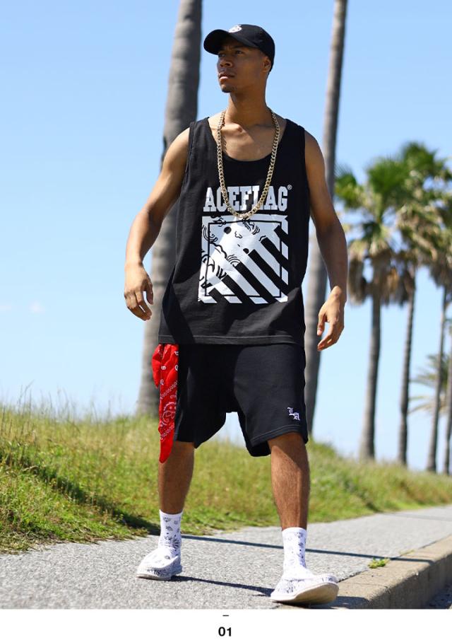 ACE FLAG 上下セット ブランド ノースリーブ Tシャツ タンクトップ ハーフパンツ メンズ 春夏用 黒 白 大きいサイズ エースフラッグ セットアップ ペイズリー柄 バイアス柄 ビッグシルエット b系 ヒップホップ ストリート系 ハイ 新作 AF-SE-TK-041