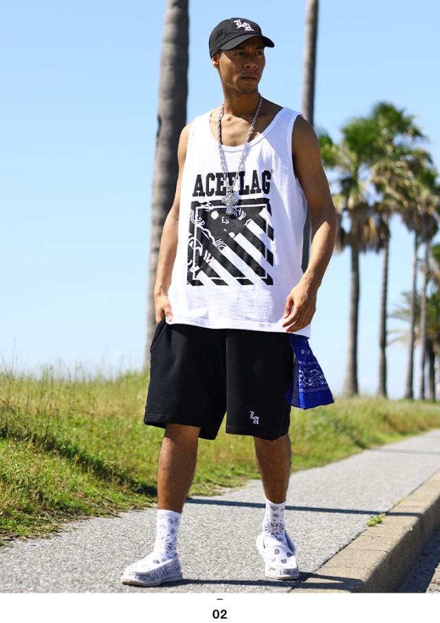 ACE FLAG 上下セット ブランド ノースリーブ Tシャツ タンクトップ ハーフパンツ メンズ 春夏用 黒 白 大きいサイズ エースフラッグ セットアップ ペイズリー柄 バイアス柄 ビッグシルエット b系 ヒップホップ ストリート系 ハイ 新作 AF-SE-TK-041