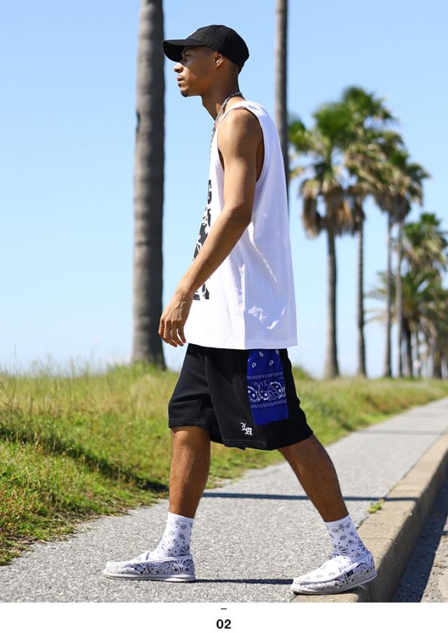 ACE FLAG 上下セット ブランド ノースリーブ Tシャツ タンクトップ ハーフパンツ メンズ 春夏用 黒 白 大きいサイズ エースフラッグ セットアップ ペイズリー柄 バイアス柄 ビッグシルエット b系 ヒップホップ ストリート系 ハイ 新作 AF-SE-TK-041