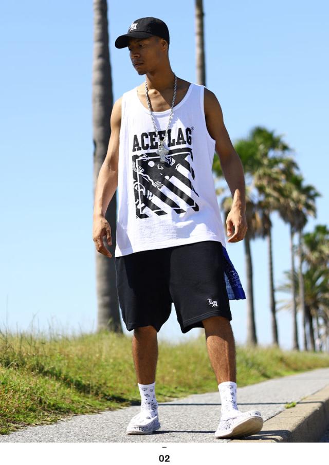 ACE FLAG 上下セット ブランド ノースリーブ Tシャツ タンクトップ ハーフパンツ メンズ 春夏用 黒 白 大きいサイズ エースフラッグ セットアップ ペイズリー柄 バイアス柄 ビッグシルエット b系 ヒップホップ ストリート系 ハイ 新作 AF-SE-TK-041