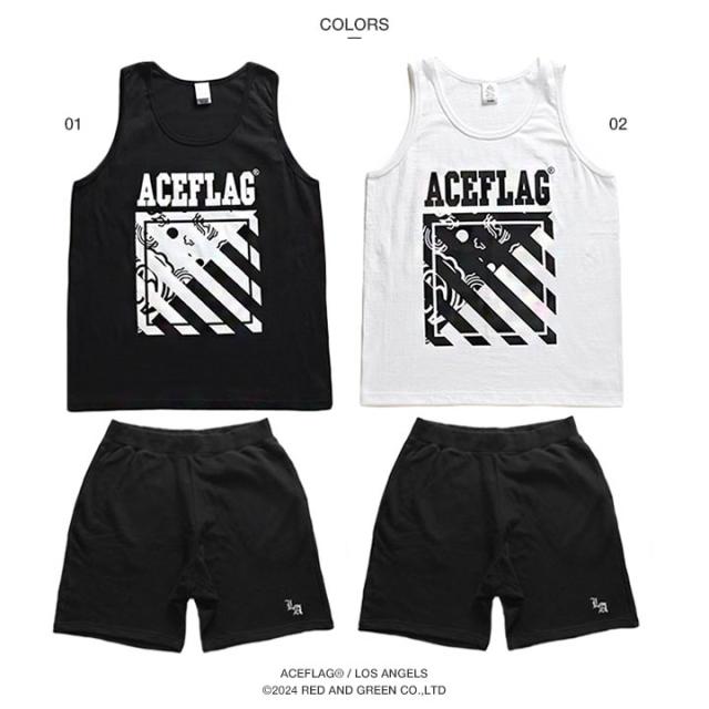 ACE FLAG 上下セット ブランド ノースリーブ Tシャツ タンクトップ ハーフパンツ メンズ 春夏用 黒 白 大きいサイズ エースフラッグ セットアップ ペイズリー柄 バイアス柄 ビッグシルエット b系 ヒップホップ ストリート系 ハイ 新作 AF-SE-TK-041