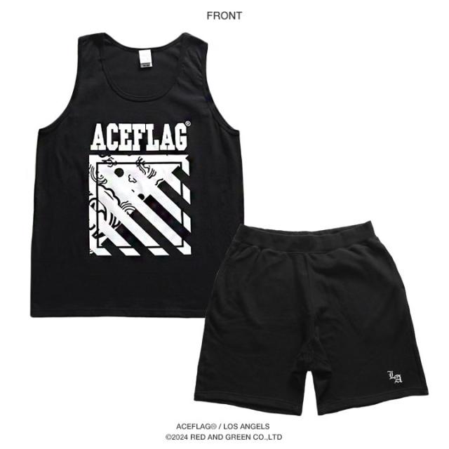 ACE FLAG 上下セット ブランド ノースリーブ Tシャツ タンクトップ ハーフパンツ メンズ 春夏用 黒 白 大きいサイズ エースフラッグ セットアップ ペイズリー柄 バイアス柄 ビッグシルエット b系 ヒップホップ ストリート系 ハイ 新作 AF-SE-TK-041